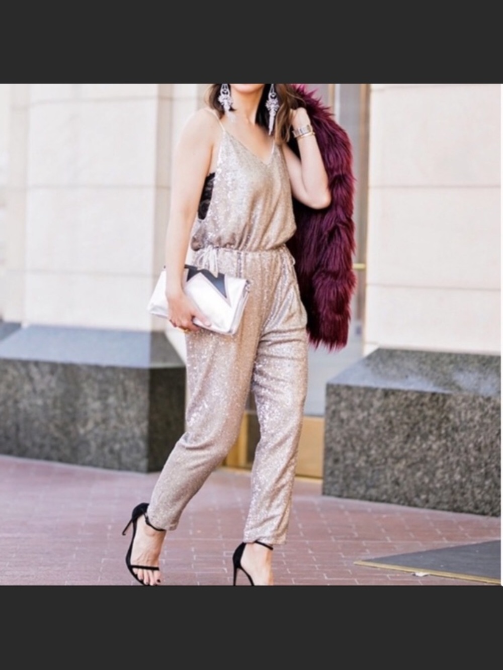 Sequin Metallic Taupe Jumpsuit with Drawstring Waist